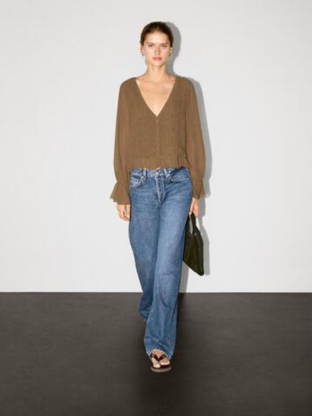 Massimo Dutti Рубашка из рельефной ткани с воланами, светлый хаки