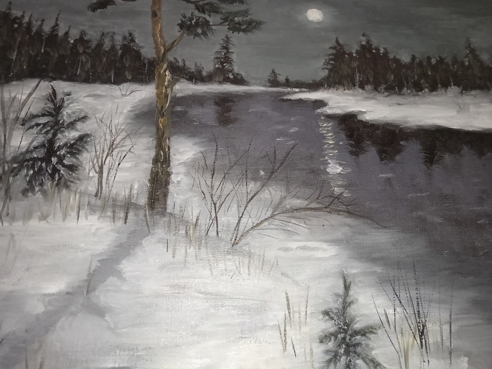 Картина "Зимний вечер". Масло.Кисти.Холст на подрамнике. Масло.31x41 см.
