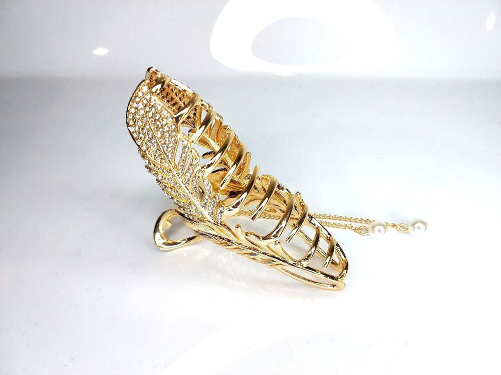 Заколка Краб для волос "Перо" Цвет золото. Металл. Усиленная. Для волос