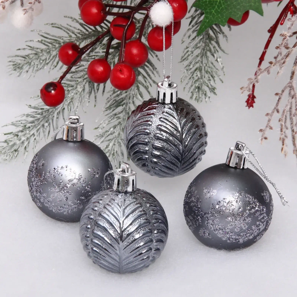 Новогодние шары 5 см (набор 4 шт) «Лесная тайна», графит