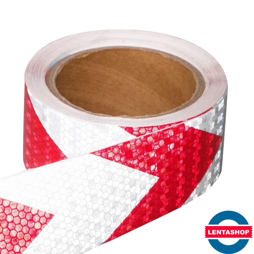 Бело-красная светоотражающая лента стрелка 5 см х 10 метров