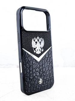 Солидный чехол iphone с гербом России купить - Euphoria HM Premium - натуральная кожа miniCROC, ювелирный сплав