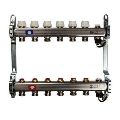 Коллекторная группа для радиаторного отопления STOUT SMS0932 - 1" на 6 контуров 3/4"EK (нерж.сталь)
