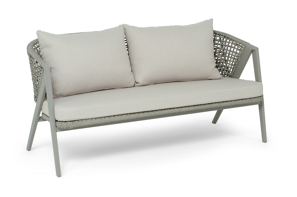 "Амстердам" диван 2-местный плетеный из роупа, каркас алюминий, роуп серый круглый, ткань серая