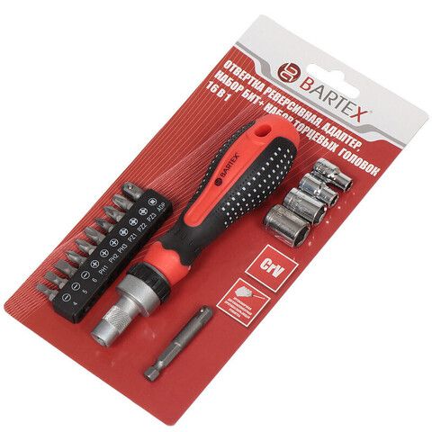 Отвертка реверсивная с битами, 16 пр, Bartex, CrV сталь, шт