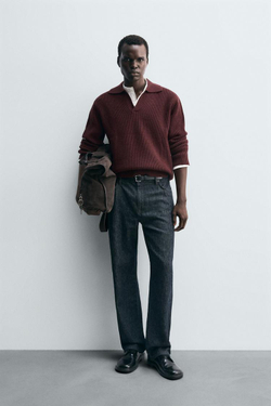 ZARA ПОЛО ИЗ ДВУХИЗНАНОЧНОГО ТРИКОТАЖА, БУРГУНДИ