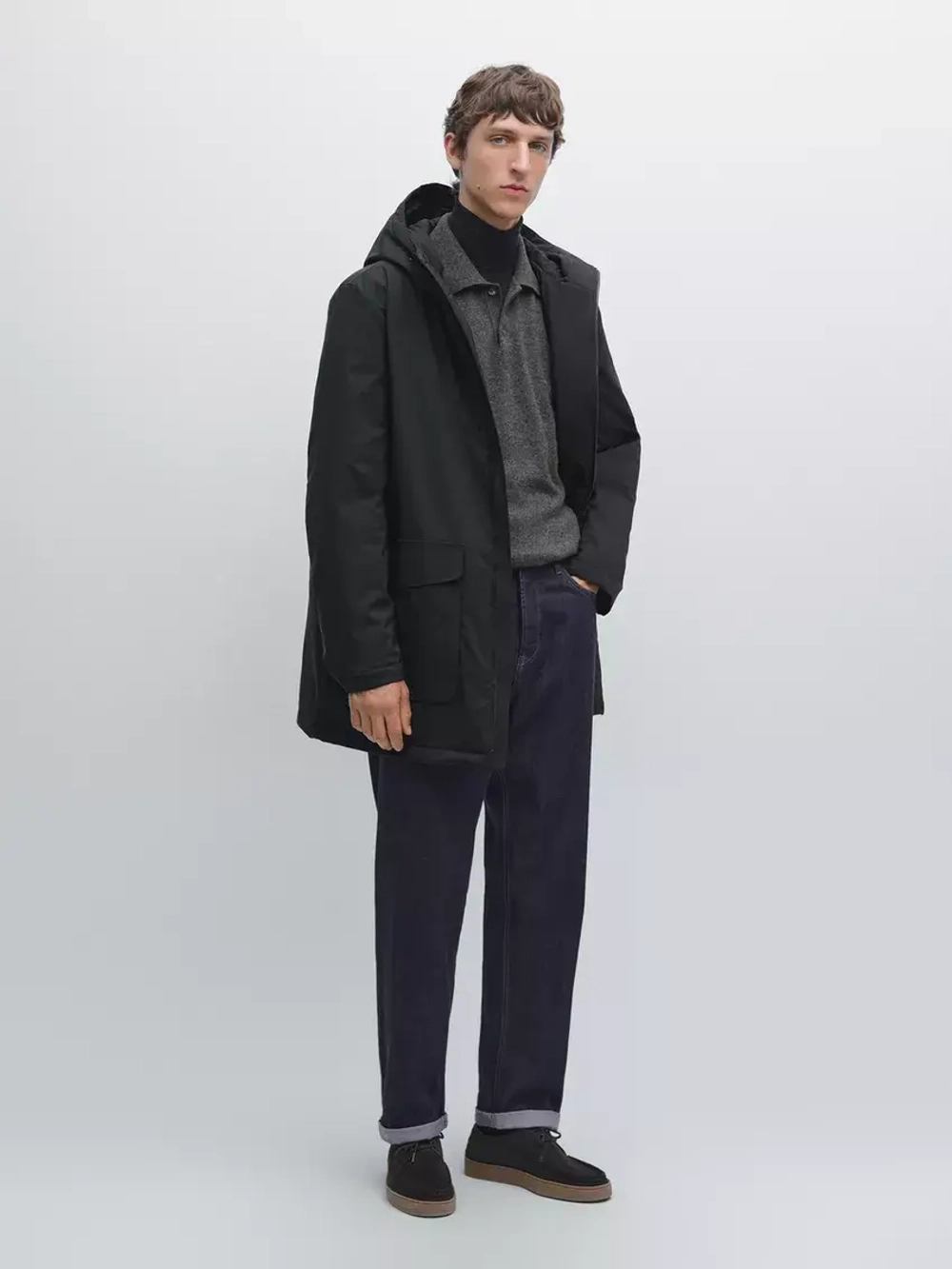 Massimo Dutti Непромокаемая парка из смесового пуха, темно-синий