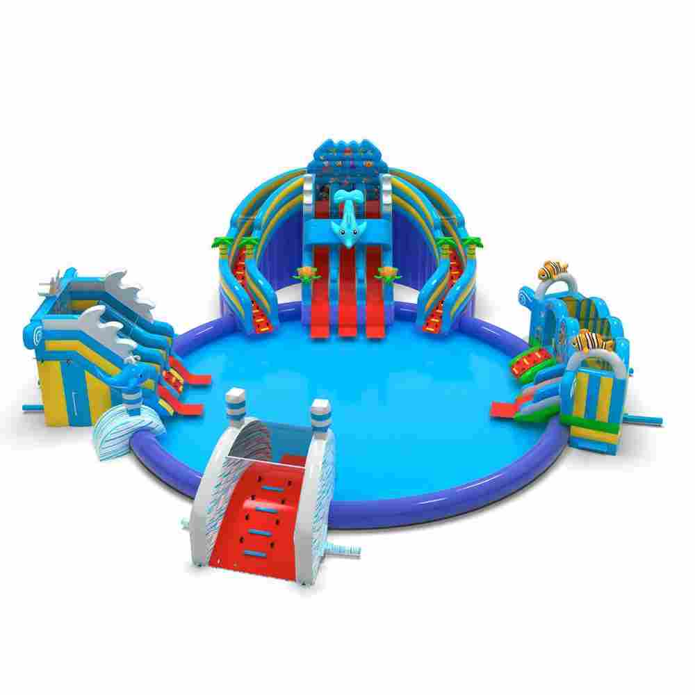 Надувной аквапарк с бассейном и горками «Королевство Дельфинов», 29,2×25×8 м