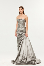 Платье макси корсетное драпированное из шёлка с боковым шлейфом