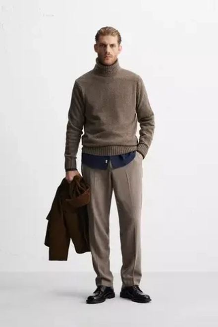 ZARA ШЕРСТЯНЫЕ БРЮКИ С РЕЛЬЕФНЫМ УЗОРОМ, СЕРО-КОРИЧНЕВЫЙ