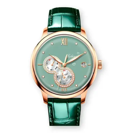 Часы наручные механические с автоподзаводом ПРЕМИУМ LOBINNI на кожаном ремешке, золотистый/зеленый W9640-02