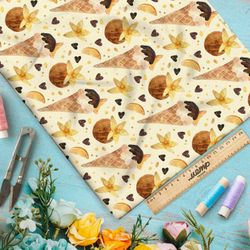 Ткань шифон ванильное мороженое и кокосы на жёлтом фоне