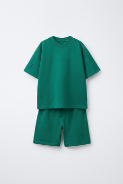 ZARA КОМПЛЕКТ ИЗ ФУТБОЛКИ И ШОРТОВ ИЗ ТКАНИ ИНТЕРЛОК, ЗЕЛЕНЫЙ