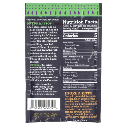 Siete, приправа карнитас, специи для медленного приготовления, 36,7 г (1,29 унции)