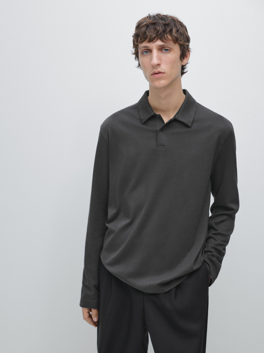 Massimo Dutti Поло с длинными рукавами и кнопками, свинцовый