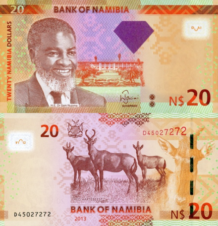 Намибия 20 долларов 2011-2013 Красный Хартебист UNC