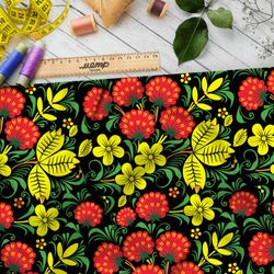 Ткань блэкаут крупная хохлома на чёрном фоне