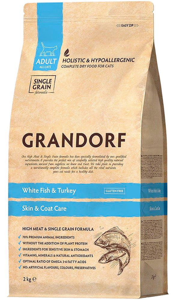 Grandorf 0,4кг Skin &amp; Coat Care Сухой корм для взрослых кошек для кожи и шерсти Белая рыба и индейка
