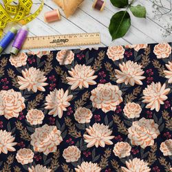 Ткань шелк Армани плотные бежевые розы и хризантемы с тёмной брусникой