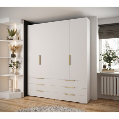 Распашной четырехсекционный шкаф Мори - 9 (с 6 ящиками) Белый Снег 8685 BS  210*50*260