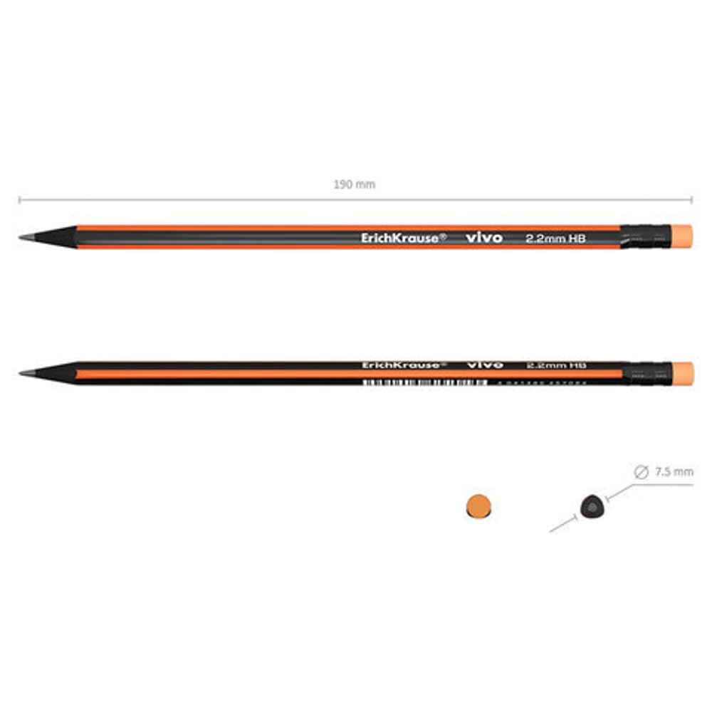 Карандаш чернографит. ErichKrause VIVO НВ с ластиком заточенный трехгранный