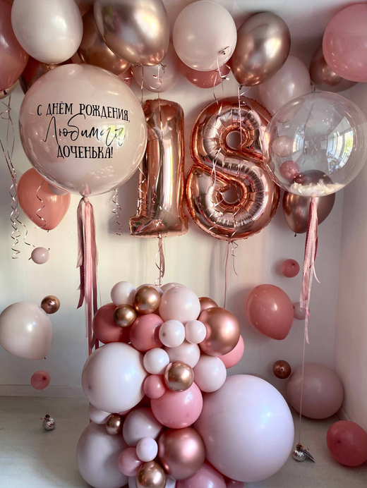 Воздушные шары на 18 лет розовое золото/пудра/пыльная роза №3527