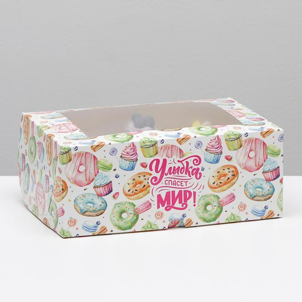 Коробка на 6 капкейков с окном «Пончики», 25 х 17 х 10 см