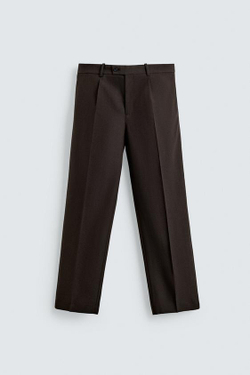 ZARA БРЮКИ ИЗ 100% ШЕРСТИ С ЗАЩИПАМИ, КОРИЧНЕВЫЙ