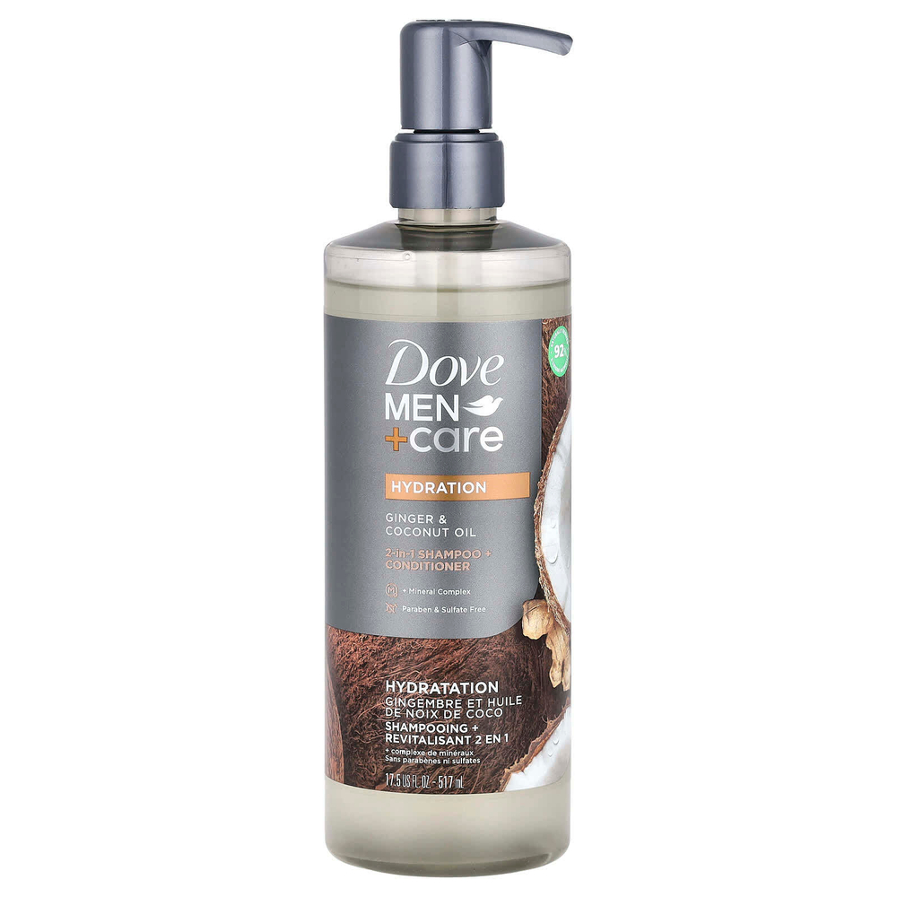 Dove, Men + Care, шампунь и кондиционер 2 в 1, имбирь и кокосовое масло, 517 мл (17,5 жидк. унц.)