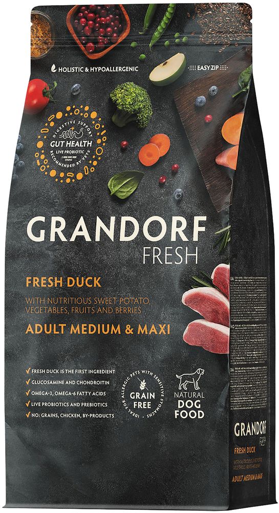 Grandorf Fresh 1кг Holistic Medium&amp;Maxi Duck&amp;Sweet Potato Сухой корм для собак средних и крупных пород, свежее мясо утки с бататом