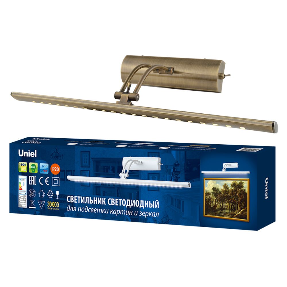ULT-F34-7W/4000K IP20 ANTIQUE BRASS Светильник светодиодный для подсветки картин и зеркал. 600Lm. Механический выключатель. Античная латунь. ТМ Uniel