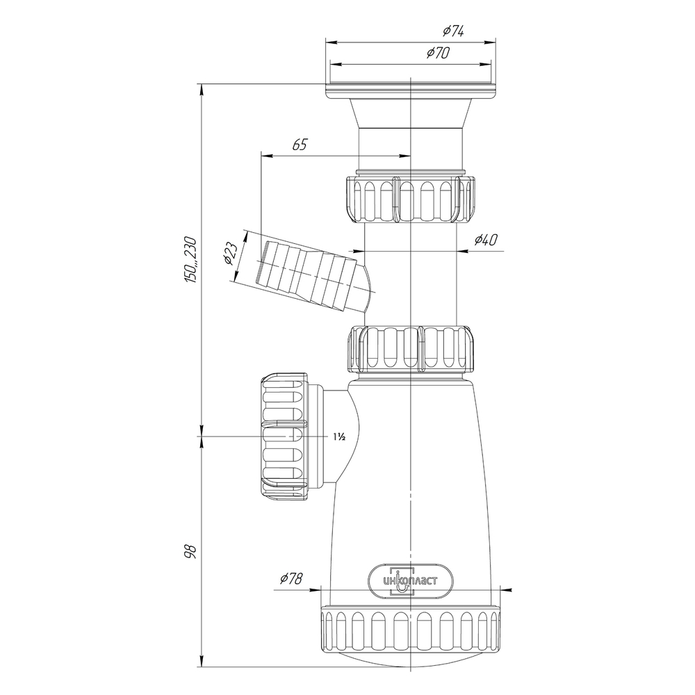 Сифон 1 1/2*40 с носиком BS1000W ИНКОПЛАСТ (винт М6*60)