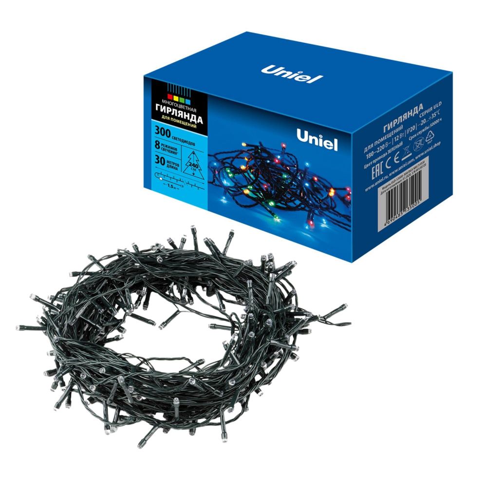 ULD-S3000-300-DGA MULTI IP20 Гирлянда светодиодная. 30м. 300 светодиодов. Разноцветный свет. Провод зеленый. ТМ Uniel