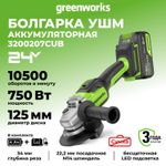 Угловая шлифовальная машина акк. Greenworks GD24AG, 24V, б/щет, 125 мм, 10500 об/мин,1x4Ач,быстрое ЗУ,кор (3200207CUB)