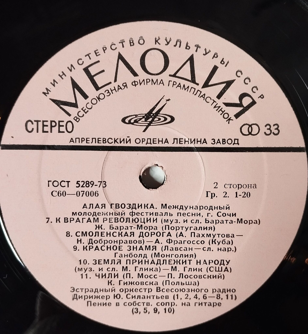 Винтажная виниловая пластинка LP Международный Молодежный Фестиваль Песни Алая Гвоздика Сочи (СССР 1977)