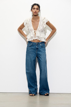 ZARA КРУЖЕВНОЙ ТОП С ЗАВЯЗКАМИ, БЕЖЕВЫЙ