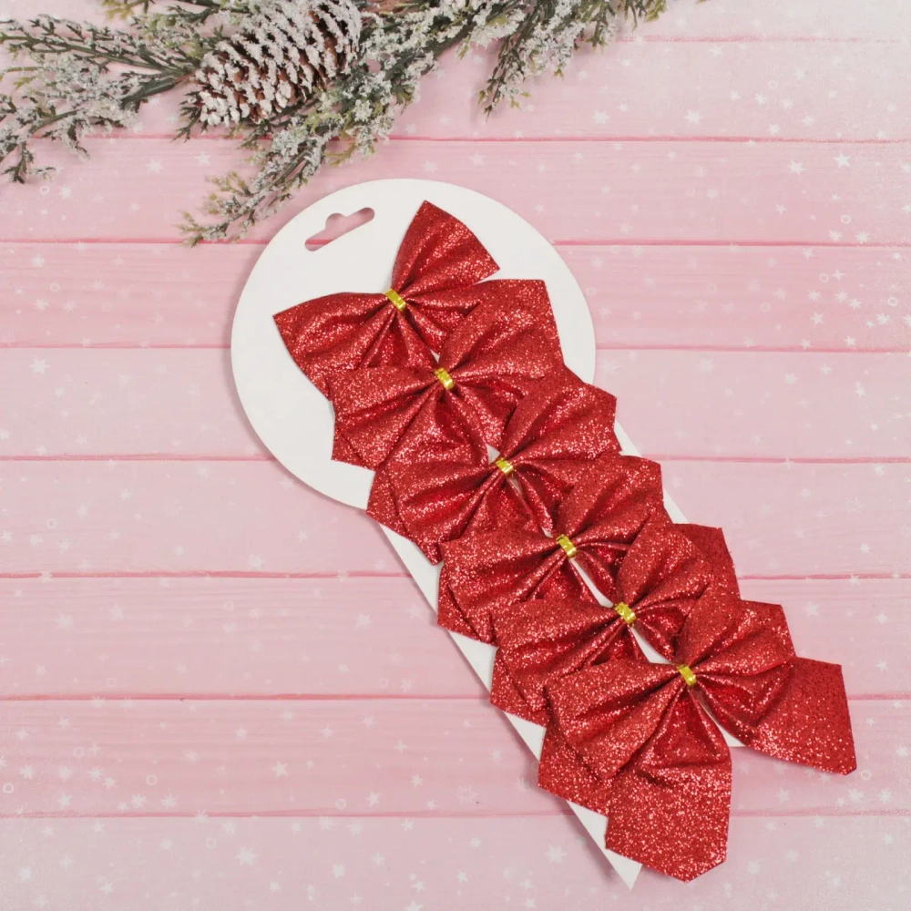 Бант на ёлку «Зимнее очарование» 8,5*9 см (набор 6 шт), Красный