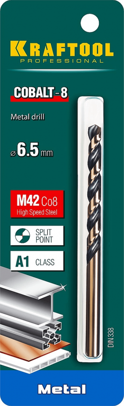 KRAFTOOL COBALT 6.5 х101мм, Сверло по металлу HSS-Co(8%) , сталь М42(S2-10-1-8)
