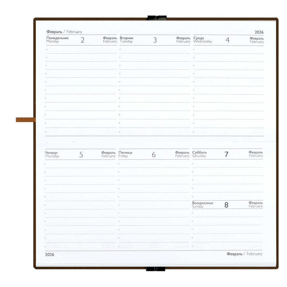 Еженедельник датированный 2026 ESCALADA, 175х95 мм, 64 л., арт. 70393/ 40 ТИВОЛИ ГЛОСС КОРИЧНЕВЫЙ (кожзам: мягкий переплёт, материал обложки: искусственная кожа "Тиволи глосс"; декор: блинтовое тиснение; способ крепления блока: ниткошвейный; вн. блок
