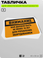 Табличка для обеспечения безопасности "Внимание, вам должно быть не менее 18 лет для управления оборудованием", для офиса, по охране труда для предприятия, организаций, 40х30 см, Айдентика Технолоджи