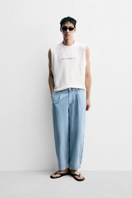 ZARA ДЖИНСОВЫЕ БРЮКИ ЧИНОС ШИРОКОГО КРОЯ СО СКЛАДКАМИ, ГОЛУБОЙ