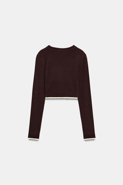 ZARA УКОРОЧЕННАЯ ФУТБОЛКА С ДВОЙНЫМ ЭФФЕКТОМ, КОРИЧНЕВЫЙ