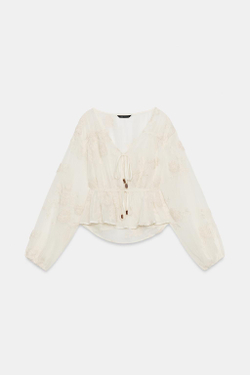 ZARA ПОЛУПРОЗРАЧНАЯ БЛУЗА С ВЫШИВКОЙ, СВЕТЛО-БЕЖЕВЫЙ