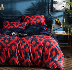 Постельное белье ЕВРО (двуспалка) Египедский Хлопок Красные узоры на синем