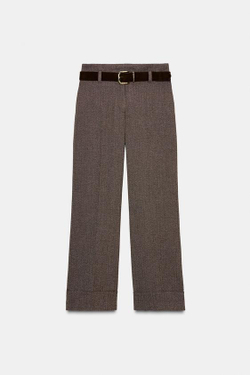 ZARA БРЮКИ В ЕЛОЧКУ С РЕМНЕМ, КОРИЧНЕВЫЙ