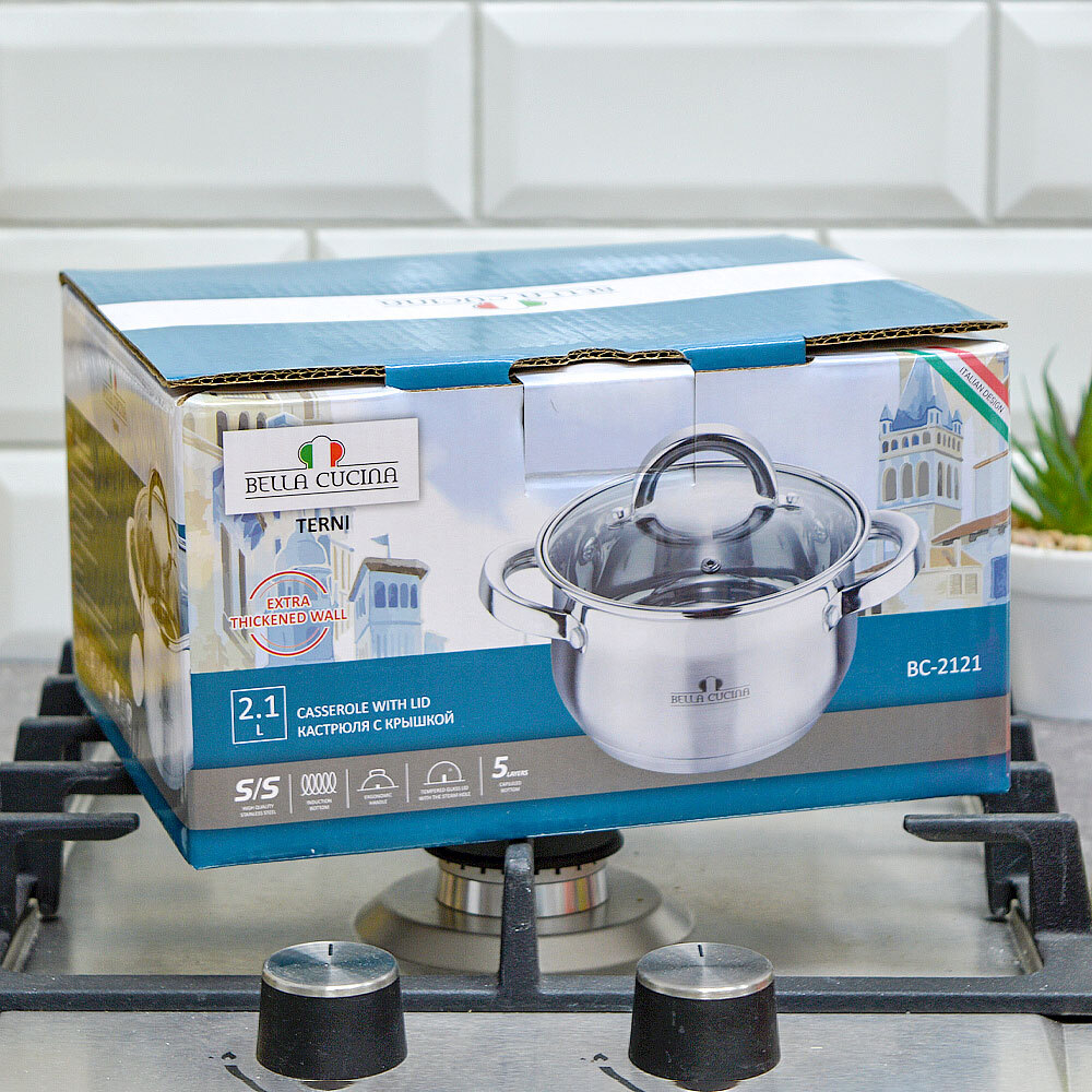 Кастрюля 2,1л нерж со стеклянной крышкой Bella Cucina