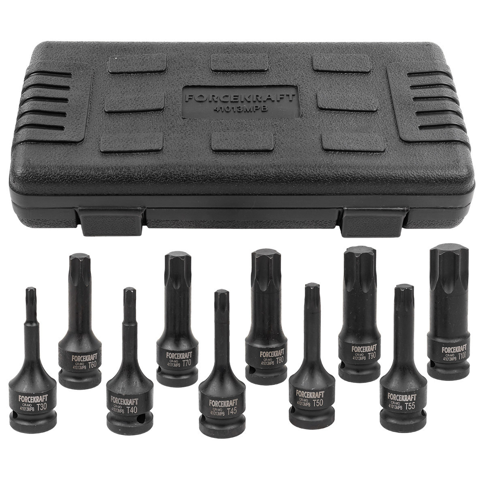 Набор головок-бит TORX ударных 10пр.,1/2''(T30, T40, T45, T50, T55, T60, T70, T80, T90, T100), в кейсе FORCEKRAFT FK-41013MPB