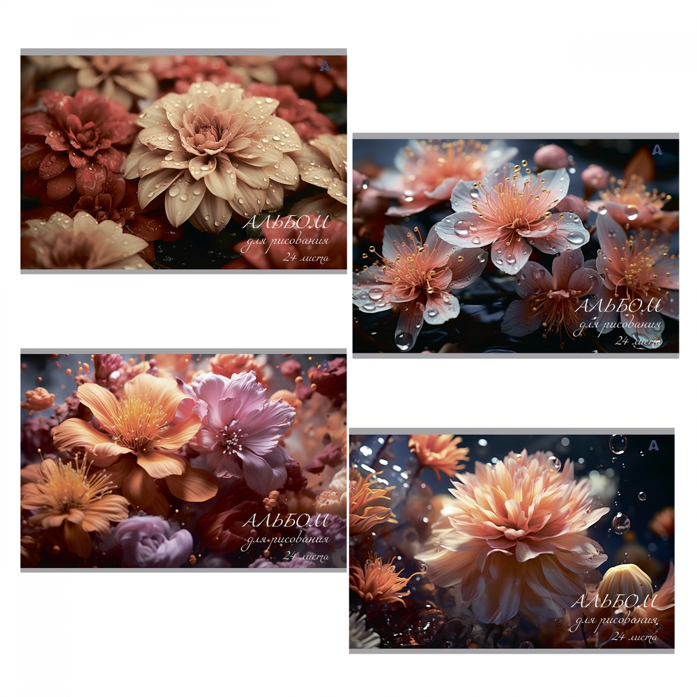 Альбом для рисования А4 24л., Alingar, на скрепке, мелованный картон (стандарт) 210 г/м2, офсет 100 г/м2, "Цветы", 4 дизайна в пленке т/у