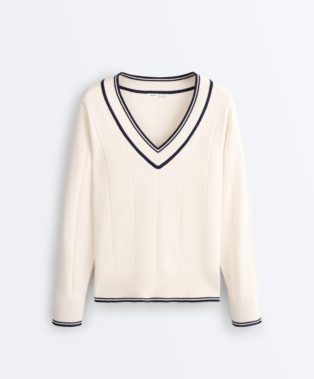 Oysho Вязаный свитер с V-образным вырезом и контрастом, светлый экрю