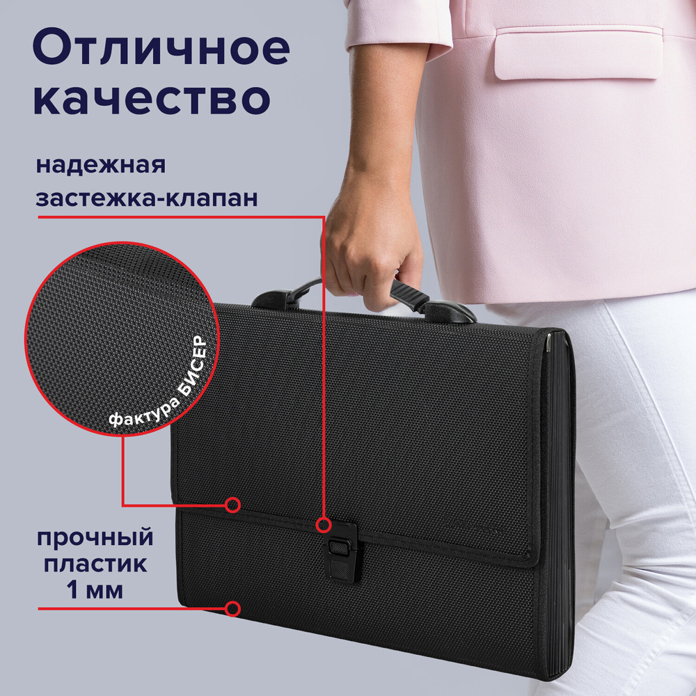 Папка-портфель пластиковая BRAUBERG "ДИПЛОМАТ" А4 (330х245х35 мм) 13 отделений фактура бисер черная (2 штуки в упаковке)